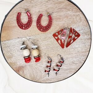 Vintage red earrings lot web geometric spiral button wood